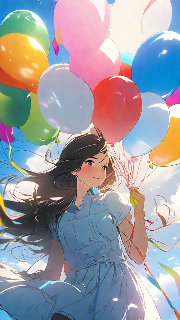 girl ((holding colorful balloons)), on site, Colorful balloons floating in the sky, hyper detail, UHD, Super realistic :1.2,realistic face、Beautiful woman、highest quality、woman flying in the sky with balloons:1.4