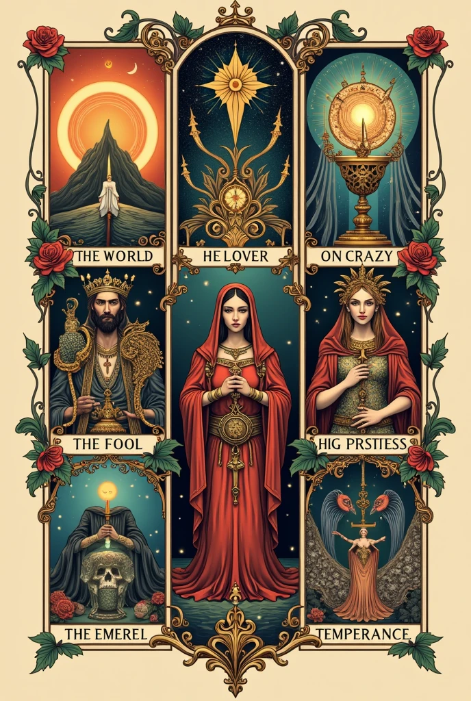 I want a tattoo design where the tarot cards of the world are together, lovers, Crazy, the zuma zacerdotiza, The Empress and Temperance 