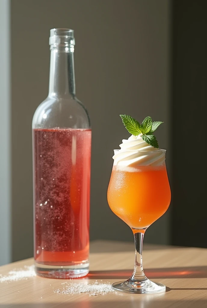 A glass bottle of some wine and next to it a glass with ice cream with the same shape as the bottle but it has to be a simple glass, not a glass that has the shape of the bottle only that it is cut in half.