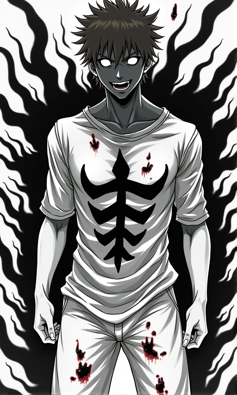 entity, masculine, adolescent, black and white, white eyes without pupils, blond hair, camiseta de tirantes, pantalón azul oscuro, athletic body, manga style, black aura coming out of his entire body, angry face, intimidating, Closed mouth, wounds, anime, 4k, White background