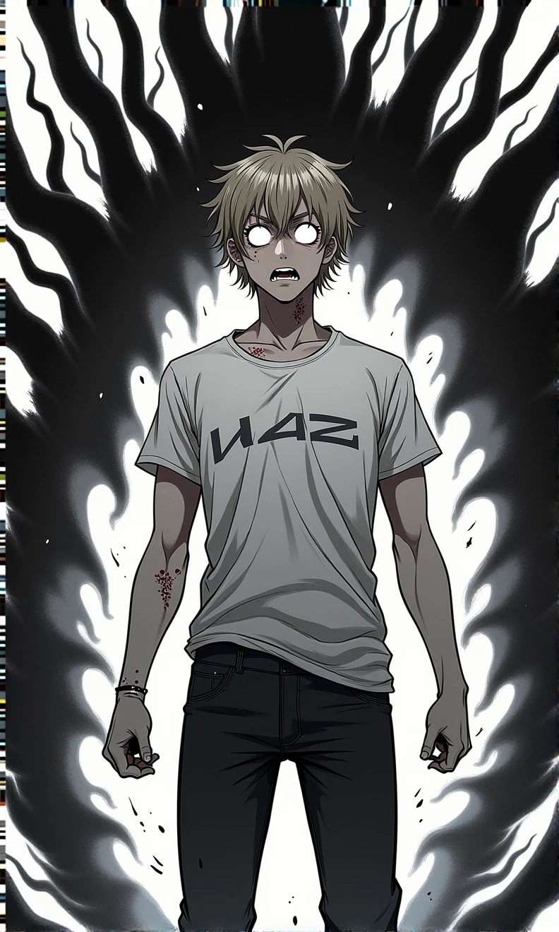 entity, masculine, adolescent, black and white, white eyes without pupils, blond hair, camiseta de tirantes, athletic body, manga style, black aura coming out of his entire body, angry face, intimidating, furioso, detalle facial alto, Closed mouth, wounds, anime, 4k, White background