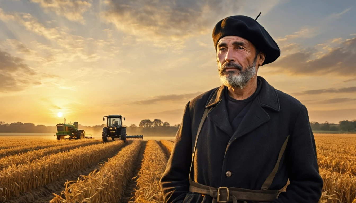 A peasant man wearing a black beret in a vast field with a golden sunrise in the background and a tractor next to him, hyperrealistic, ultra HD, intricate details, well detailed face, 64k