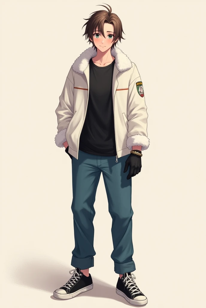 The portrait of the male person must carry:
- Heterochromia, with one dark green eye and the other dark red eye - Light skin with a pinkish tone - Slightly long and straight hair with some brown tips - A soft and expressive smile - A cream or beige colored background - Must have clothes like a black t-shirt, white jacket with some plush on the shoulders , Marine blue pant, Black tennis shoes with white soles and black gloves - Must be about 22 years old - Must be one meter and seventy centimeters tall