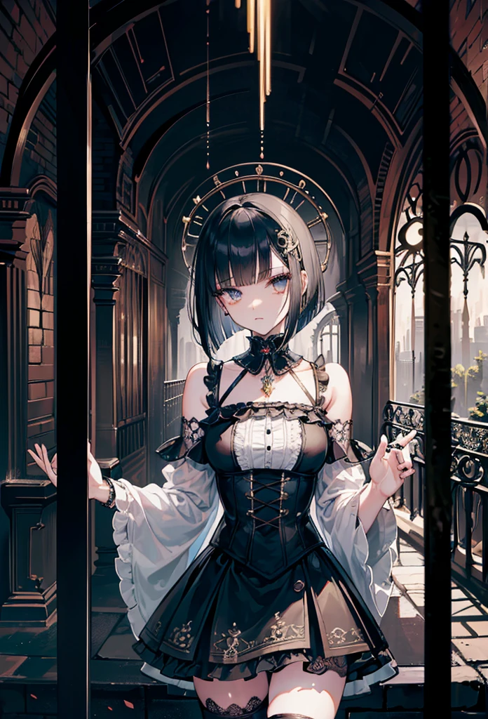 ((waterunderground background)),(((Masterpiece, top quality, super detailed))), One female, (((Very Slender body))) , (((Long, thin legs))), (((short black bob, thick puffy bangs ))), (((very detailed face))), cosmetics-free, small thin nose, small thin-lipped mouth, (((very sharp focused eyes))), large slit precision pale grey eyes, sparkling like jewels, Long eyelashes, ((Very decorative intricate mechanical steampunk fashion, Lace Flared mini skirt, Lace stockings above the knee, Lace Off-shoulder ta fashion, Overly decorative fashion)), (((overall accuracy has improved dramatically, creating a super detailed and realistic image))), ((waterunderground background)),night,(furious),dynamic angle,dynamic pose,whole body,walk far away,from side,((waterunderground background)),standing from distance,