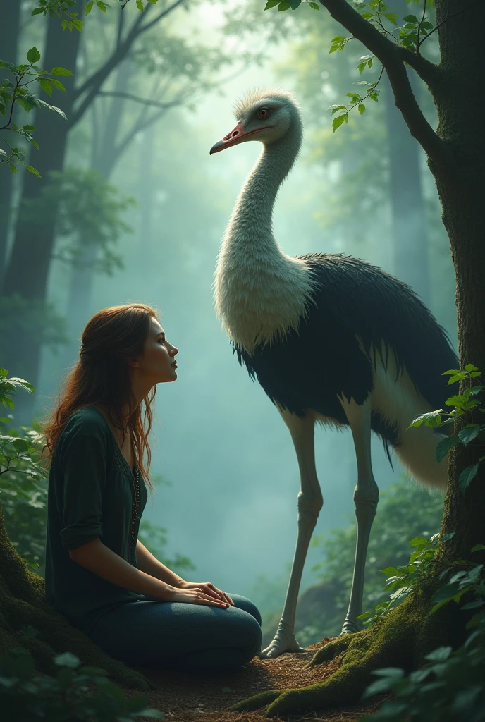 A brown-haired woman watches from the ground of a forest with many trees and fog a being with a human body and an ostrich head.