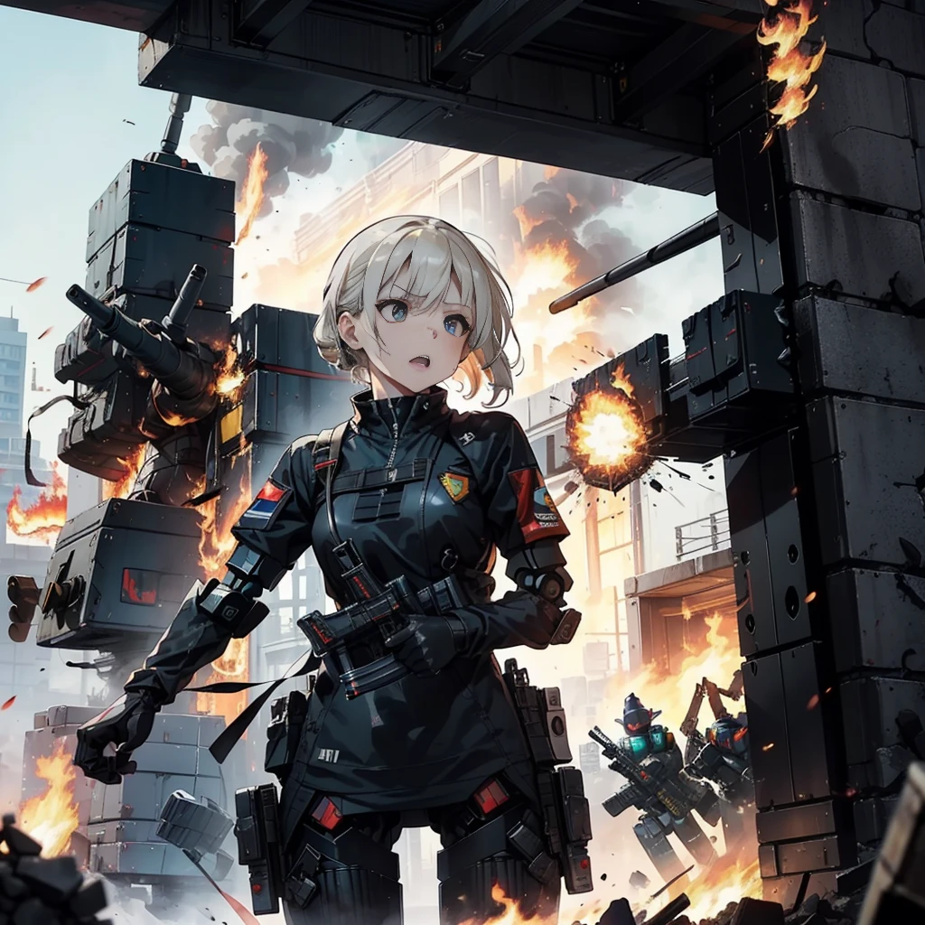 (Female soldier with well-trained body)、(((Fire machine guns to destroy enemy robots:1.4)))、1 woman、1 robot、(Black combat uniform)、(Platinum Blonde Hair:1.2)、(Angry Face),shout out loud、Have multiple weapons、Running through the rubble、((Ultra-high resolution))、Write details、masterpiece、Highest quality、Highly detailed CG、8K quality、Cinema Lighting、Lens flare、(Night)、((From the inside to the outside of the building))、Hyper Detail、Android wreckage、((Cowboy Shot:1.4))、Detailed depiction of firearms、Firearms with perfect detail、Perfect barrel、High speed driving、(Dynamic Angle:1.4)、Scattered empty cartridge cases、