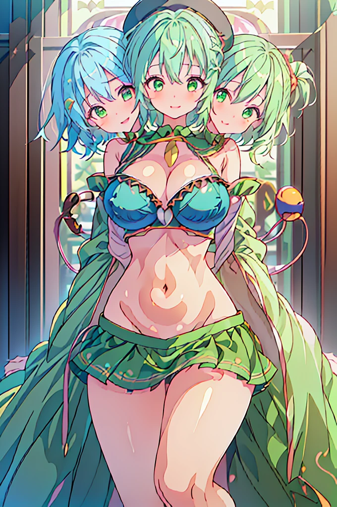 (masterpiece, best quality), best quality, (ultra-detailed), (3heads:1.5), 1girl, (komeji koishi:1.3), masterpiece, best quality, ultra quality, ultra resolution, yellow top, crop top, ((stomach)), midriff, ((groin)), green skirt, normal ears, shackles, mint green hair, short hair, soft smile, happy expression, green eyes, detailed eyes, parted lips, smiling, happy smile, cute, toned belly, hand on own chest, eyelashes, (24 year old woman:1.3), (masterpiece:1.5), (best quality:1.5), (beautiful detailed extremely detailed CG, extremely delicate and beautiful, depth of field, (finely detailed face), (perfect details:1.2), (mature female:1.3), wide pelvis, slender, large veiny breast, 16k resolution, highres, high quality, high definition, extremely detailed, masterpiece, mint green hair, short hair, alluring presence, braid, short skirt, close up, very big tits, huge breasts, young, black headwear, hat bow,