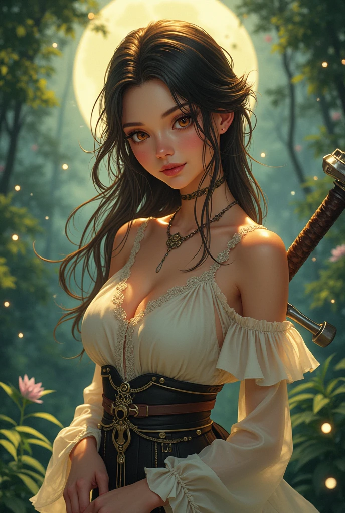 Final Fantasy style, brunette, looking at viewer, female, smiling, honey eyes, forest, tropical, sword, flowers, fireflies, moonlight