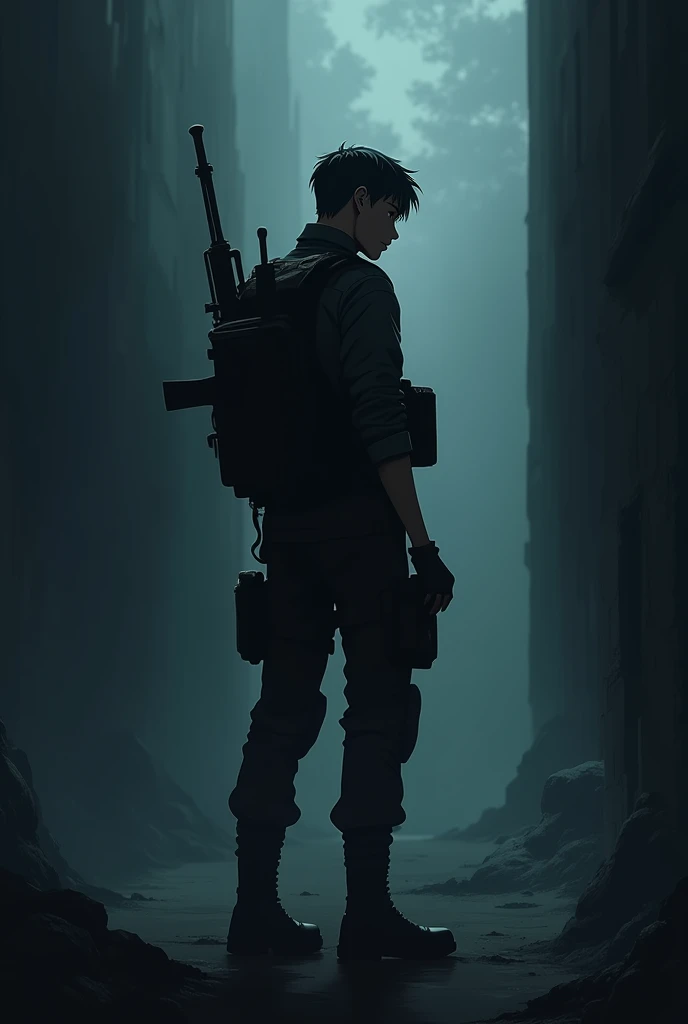 Soldier in the dark, looking back, camera positioned behind the soldier, 2d obscure art, アニメ