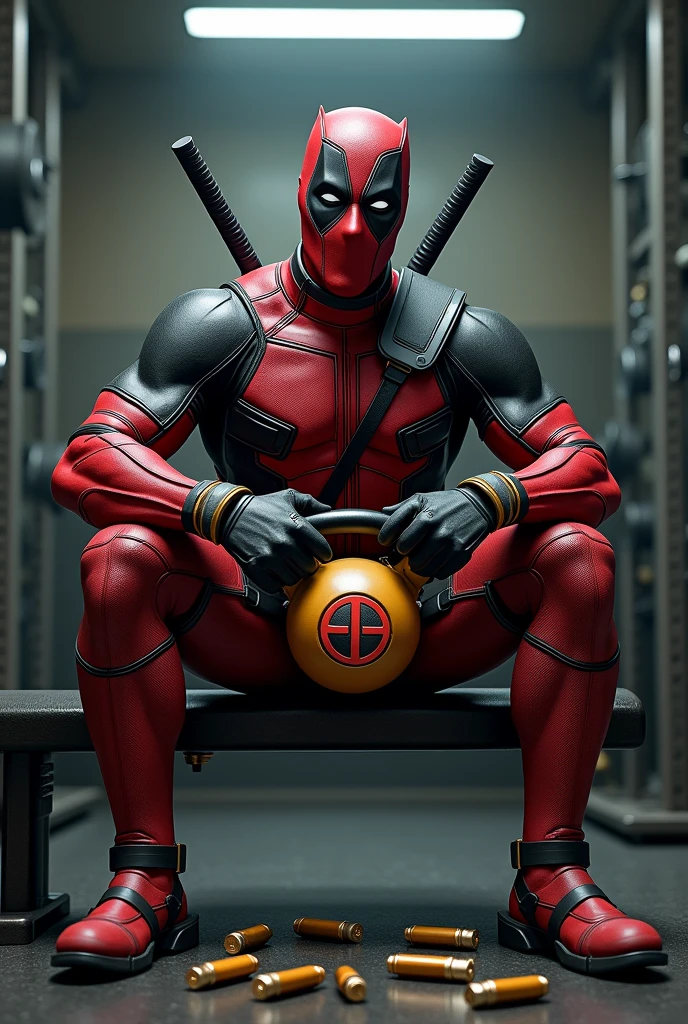 Create a Deadpool in a gym that is sitting on a bench and in one hand he has a kettlebell with his logo and in the other hand a gun and that looks strong and aggressive in a gym environment that the Deadpool is angry and that there are bullet cartridges on the floor and that something crazy looks that represents the character