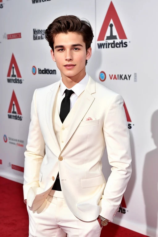 Young cute handsome skinny face white beautiful soft skin shirtless in suit on a red carpet