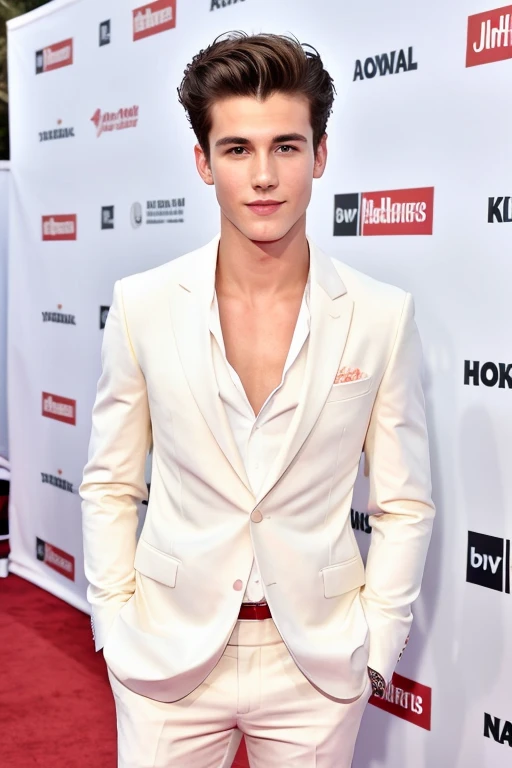 Young cute handsome skinny face white beautiful soft skin shirtless in suit on a red carpet