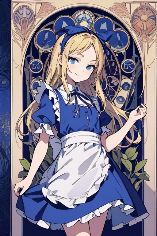 masterpiece, Highest quality, Very detailed, 16K, Ultra-high resolution, Cowboy Shot, Alice in Wonderland, (art nouveau:1.3), -yeld gi Detailed face, smile, blue eyes,Blonde, Long Hair, Ribbon on head, Blue clothes, White apron, In a room with a big clock