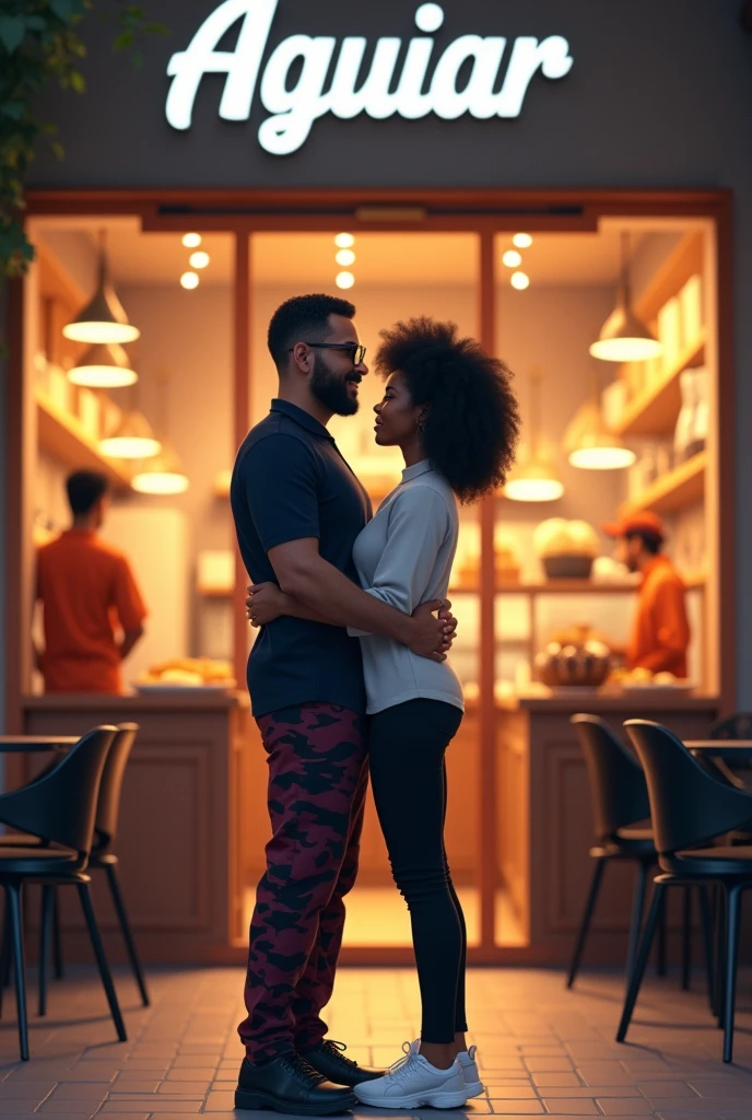 A man and a woman in front of a bakery called Aguiar and with a white logo, preferably the bakery is open inside, lit up in white, with dark, empty chairs and tables on the right side, and on the left side, the employees dressed in orange inside the counters., the man with a dark blue shirt slightly detailed with lines of blue a little lighter than the color of the shirt and the army camouflage pants but in the color of wine to a darker wine and black sneakers and this man has a beard and glasses I want you to make him together with a black woman with curly hair with a white shirt that has a cap black pants and white sneakers with a small reddish detail I make the two of them hugging in front of this bakery