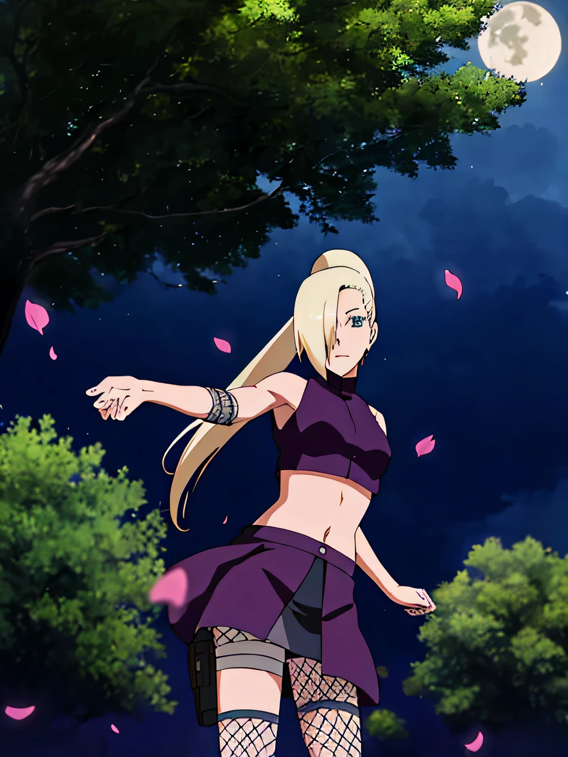 Ino Yamanaka, Ino Shippuuden, Underarms, hands making a jutsu, posando, hair over one eye, high ponytail, blue colored eyes, work of art, standing alone, 1 girl, sleeveless, top cropped roxo, fishnet stocking, bared shoulders, trunk, long hair, purple petals falling over the scenery, forest with purple flowers in the background, Full moon in the background, open legs in the air
