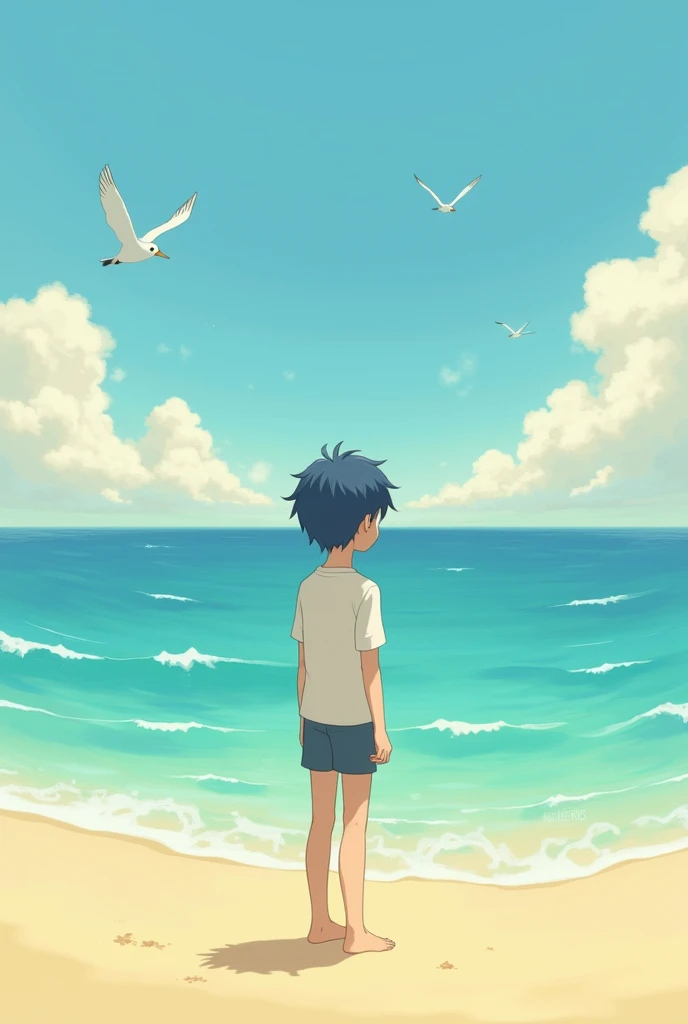 (((ghibli style))) a slim body navy blue haired boy on the beach.