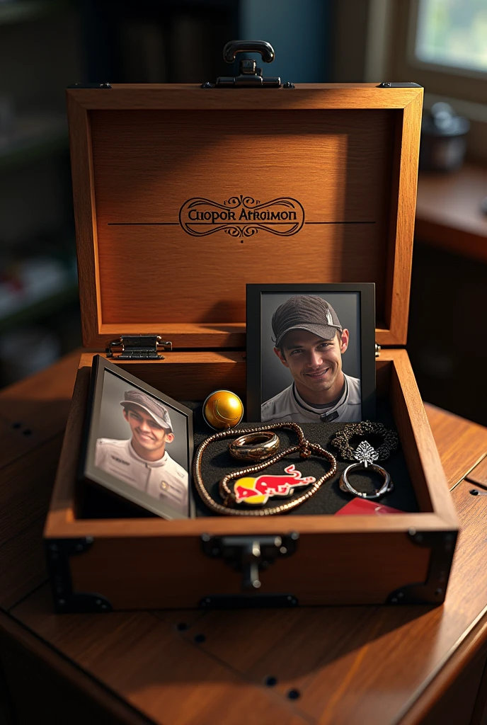 open wooden box, view from above, Inside there are photographs of Czech Perez and Max Verstappen, bracelet, rings and memories, as well as on the inside of the lid it has its initials engraved 