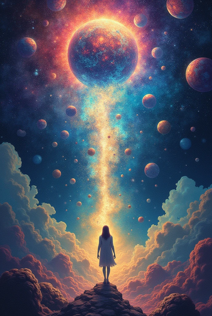 Psychedelic journey inside the mind with the sky full of planets and constellations
