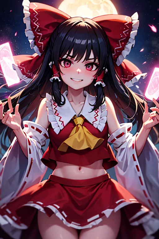 A glamorous purple-eyed Reimu with a devilish smile on her face as she casts pink obedience magic on a dark road at night, controlling a black female monster.