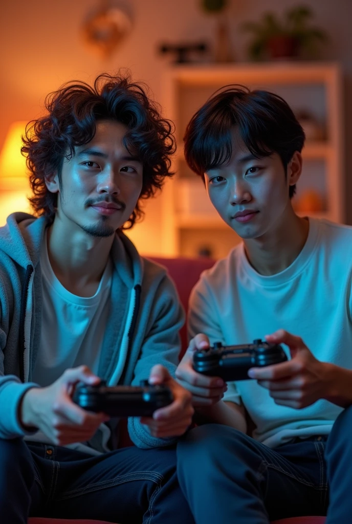 A tall european Man with curly hair and a korean man playing videogame 