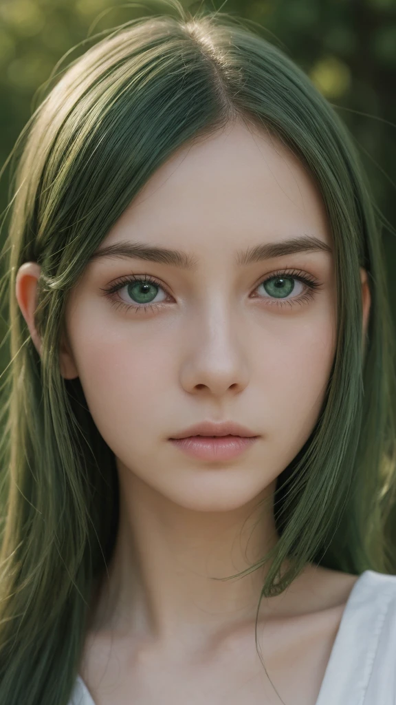 a girl, european, extremely detailed face, oval face, delicate facial features, charming and extremely detailed half-closed eyes, green eyes, long straight and very thick hairstyle, green hair, unhappy, soft and gentle expression