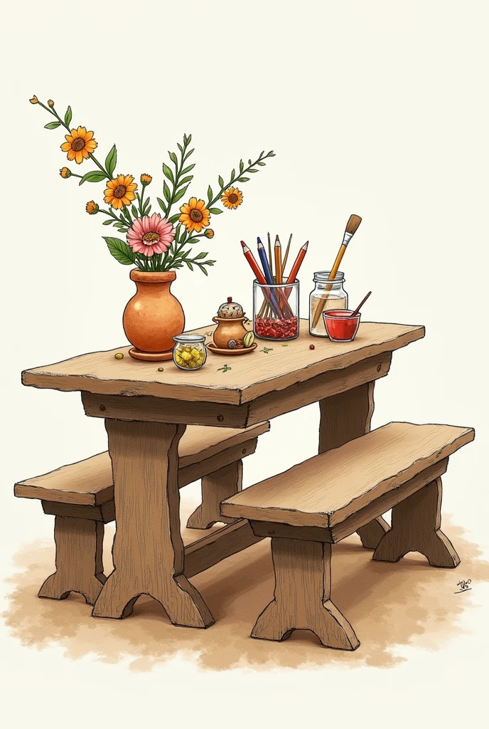Create a sketch with a table measuring 90cmX180cm accompanied by two benches measuring 45cmX180cm. The table must be covered with brown paper. Place various natural elements under the table in pretty wooden or gourd pots., put colored pencils inside a pretty jar, place transparent pots with glue and distribute brushes and magnifying glasses on the table. Decorate with a flower vase or two. This table is for a proposal with children, make it fun. Make it as if it were a hand-drawn drawing. not colored
