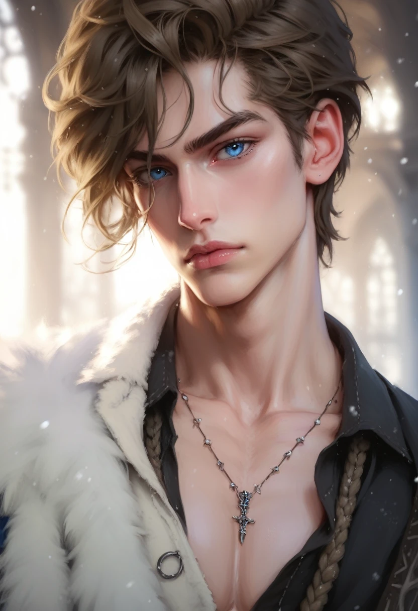 absurdities, High resolution, ultra detailed, HdR, masterpiece, Extremely detailed face and eyes, semi-long blonde hair, bushy eyebrows, serious, expressive blue eyes, detailed eyes, LOOKING AT THE SPECTATOR, 1 man, white fur coat, blue viking clothing, masculine, sorcery clothing, snow background, background skulls, toned chest, Complete plan,photorealistic, 8k