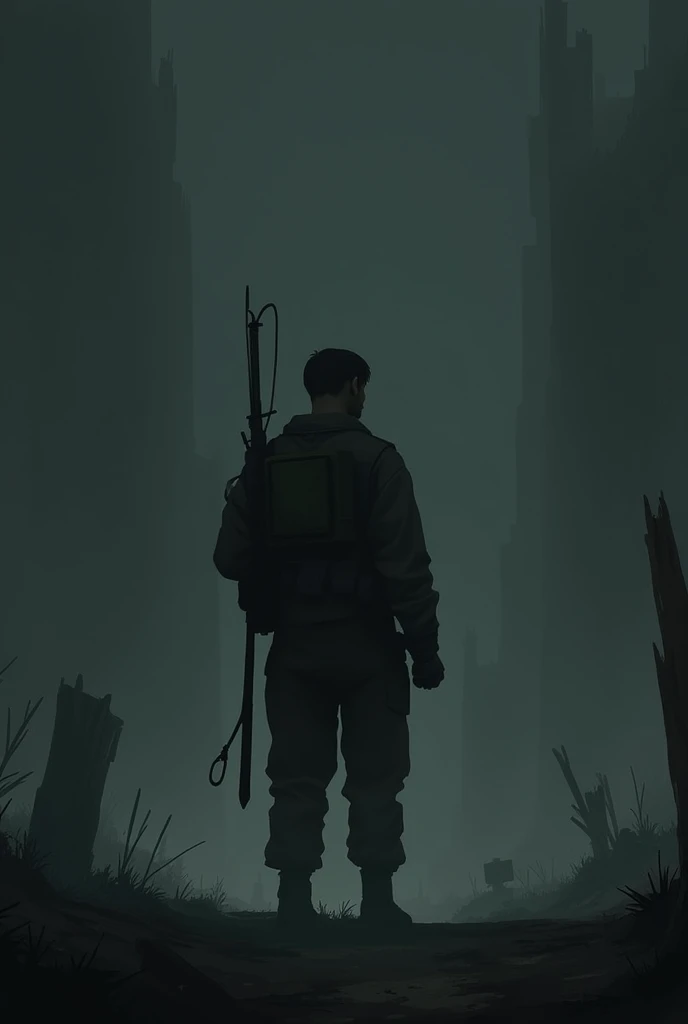 Soldier in the dark, looking back, camera positioned behind the soldier, 2d obscure art
