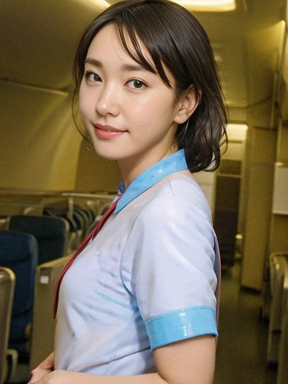 (Masterpiece, Best quality:1.4), (Ultra realistic, Photo-realistic:1.2), Full body, Natural light, 25 years old actress, Japanese women, Neat and clean, (cabincrew uniform:1.1), (ponytail:1.1), Short wavy hair, Light brown hair color, (Beautiful Face), Oval face, clear, (Beautiful eyes, Kind eyes), (Clear skin), Small face, (Small mouth, Beautiful mouth), Natural makeup, Approachable, Luxury hotel Suite room, On bed, (nsfw:1.2), Seductive smile, (Seductive pose:1.3), (Beautiful thighs:1.1), Bedroom eyes, Group photo
