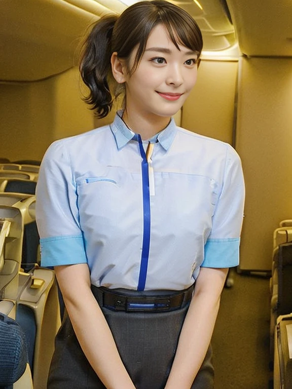(Masterpiece, Best quality:1.4), (Ultra realistic, Photo-realistic:1.2), Full body, kneeling, Natural light, 25 years old actress, Japanese women, Neat and clean, (cabincrew uniform:1.1), (ponytail:1.1), Short wavy hair, Light brown hair color, (Beautiful Face), Oval face, clear, (Beautiful eyes, Kind eyes), (Clear skin), Small face, (Small mouth, Beautiful mouth), Natural makeup, Approachable, Luxury hotel Suite room, On bed, Seductive smile, (Seductive pose:1.2), (Beautiful thighs:1.1), Bedroom eyes,