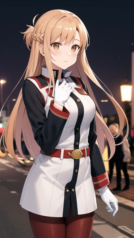 masterpiece, best quality, highres, ccasuna, long hair, brown hair, brown eyes, uniform, jacket, long sleeves, white gloves, belt, red pantyhose, standing, cowboy shot, street, night