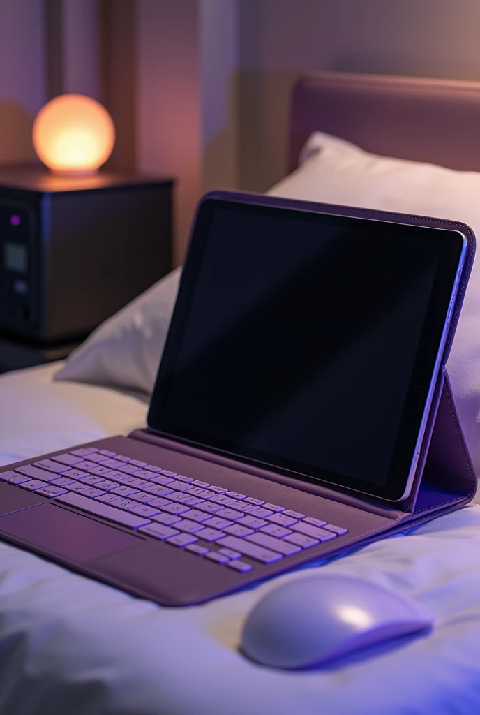 A black leather portfolio,A tablet is held at the head of the bed, It also has a purple keyboard and an all-in-one printer..