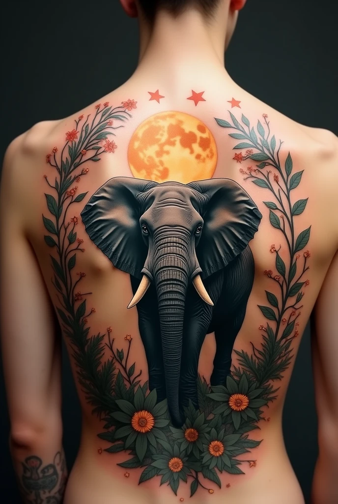 Generate a tattoo on the back of the homo plato where the image of an elephant with the moon, nature and the stars is portrayed   