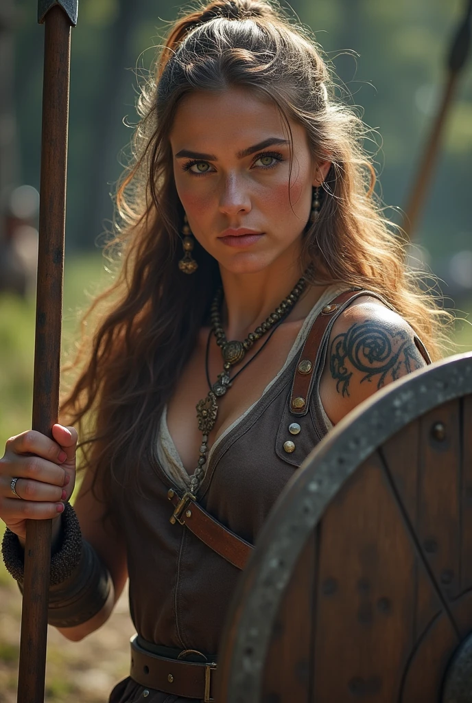 Female viking warrior holding a spear and a wooden round shield, viking tattoos on her face and arm, battling