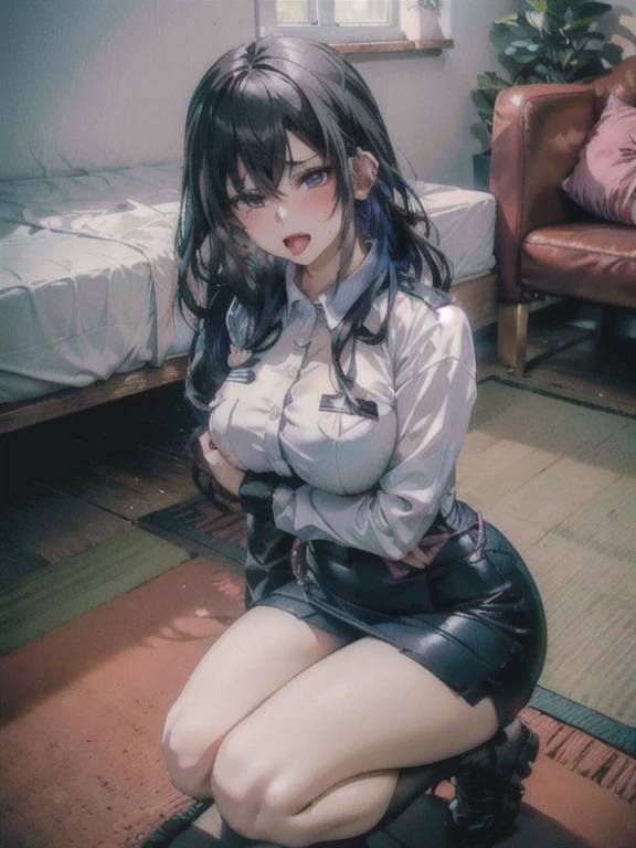 ((Highest quality)), ((masterpiece)), (detailed), One Girl,(Knee-length),Cosplay,whole body,,Underbust,Police Officer,(Tight mini skirt),Dress shirt,(Open the buttons on shirt),22-year-old woman,(Naughty look),(Loose perm),((Excited expression)),Browsing Caution,nswf Japanese,(attractive appearance),atmosphere,rotor,blush,(Indoors where you can enjoy the night view),(Girl hugged by fat man)