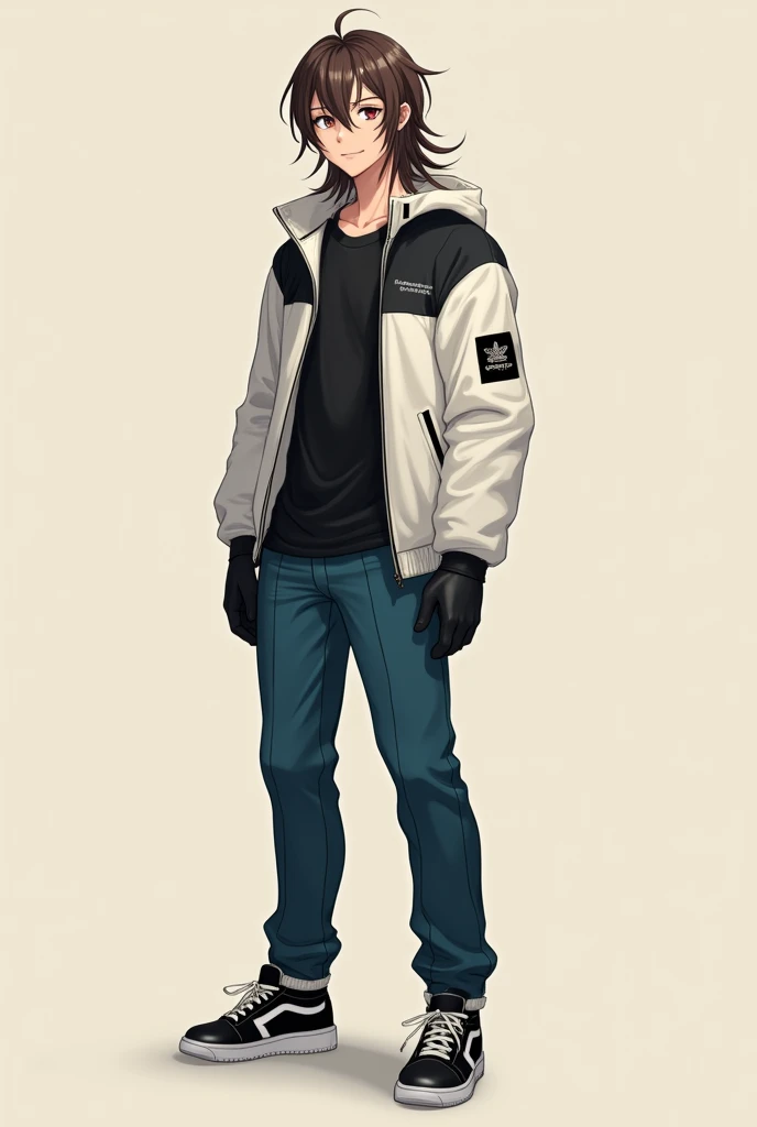 The portrait of the male person must carry:
- Heterochromia, with one dark green eye and the other dark red eye - Light skin with a pinkish tone - Hair a little long and straight with some brown tips - A soft and expressive smile - A cream or beige colored background - Must have clothes like a black t-shirt not too baggy, white jacket with some stuffing on the shoulders not so loose , Marine blue pant, Black tennis shoes with white soles and black gloves - Must be about 22 years old - Must be one meter and seventy centimeters tall