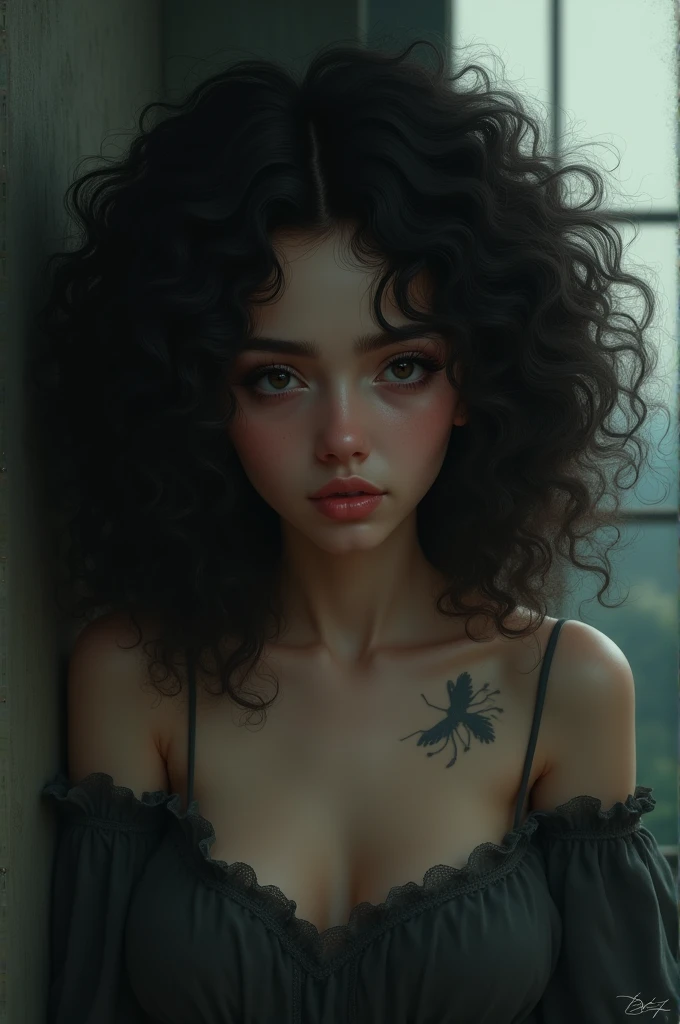 Create a woman with curly hair and a sad face