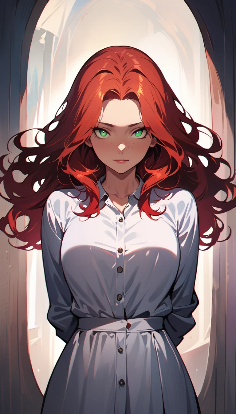(high quality, 8k, 4K, high contrast, artwork:1.2, high quality, best aesthetics), (centered), ((1 woman)), erotic, sensual, mature body, grown woman, super detailed, beautiful face detailed, beautiful eyes detailed, detailed beautiful mouth, (long wavy red hair), (green eyes), (freckles), (penetrating gaze), (looking at viewer), (calm expression), (straight body posture), (front view), (casual clothes), (hands hidden behind the back)
