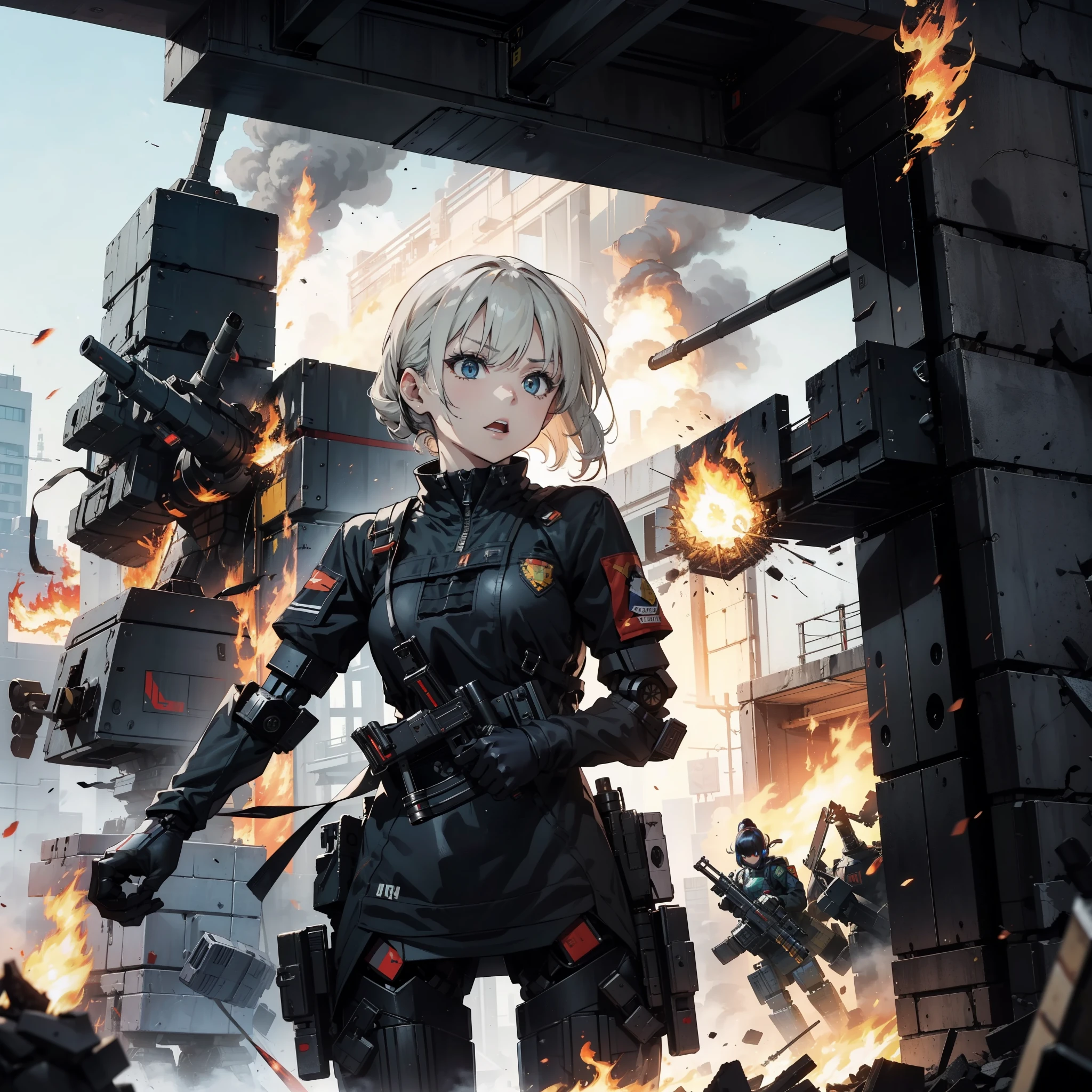 (Female soldier with well-trained body)、(((Fire machine guns to destroy enemy robots:1.4)))、1 woman、1 robot、(Black combat uniform)、(Platinum Blonde Hair:1.2)、(Angry Face),shout out loud、Have multiple weapons、Running through the rubble、((Ultra-high resolution))、Write details、masterpiece、Highest quality、Highly detailed CG、8K quality、Cinema Lighting、Lens flare、(Night)、((From the inside to the outside of the building))、Hyper Detail、Android wreckage、((Cowboy Shot:1.4))、Detailed depiction of firearms、Firearms with perfect detail、Perfect barrel、High speed driving、(Dynamic Angle:1.4)、Scattered empty cartridge cases、