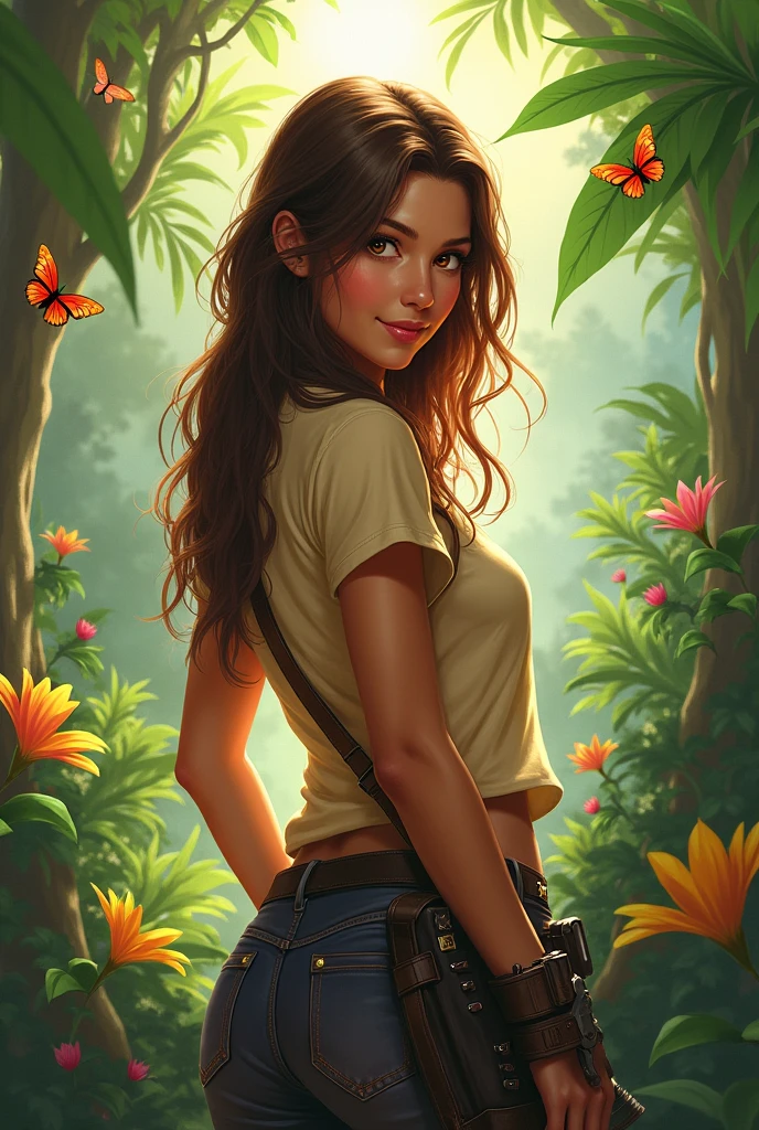 Final Fantasy style, brunette, looking at viewer, female, smiling, honey eyes, forest, tropical, pistols, flowers, butterflies, sunlight