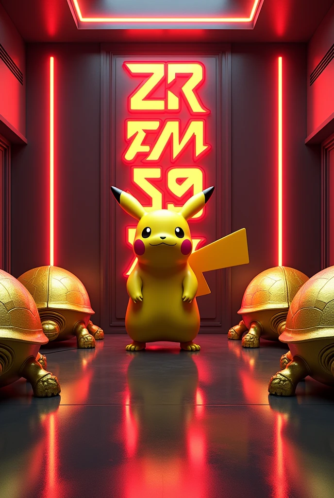 Salle futuristes stylé et des néon et des statues de tortue en or sur les côtés et un panneau où il est écrit ZFR EVANM-59 en rouge et en jaune et en dessous une statue de Pikachu