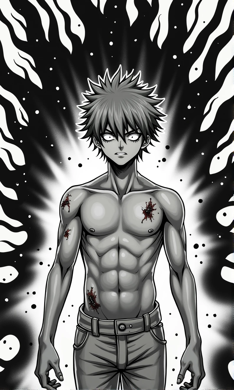 entity, masculine, adolescent, black and white, white eyes without pupils, blond hair, camiseta de tirantes, athletic body, manga style, black aura coming out of his entire body, angry face, intimidating, furioso, detalle facial alto, Closed mouth, wounds, anime, 4k, White background