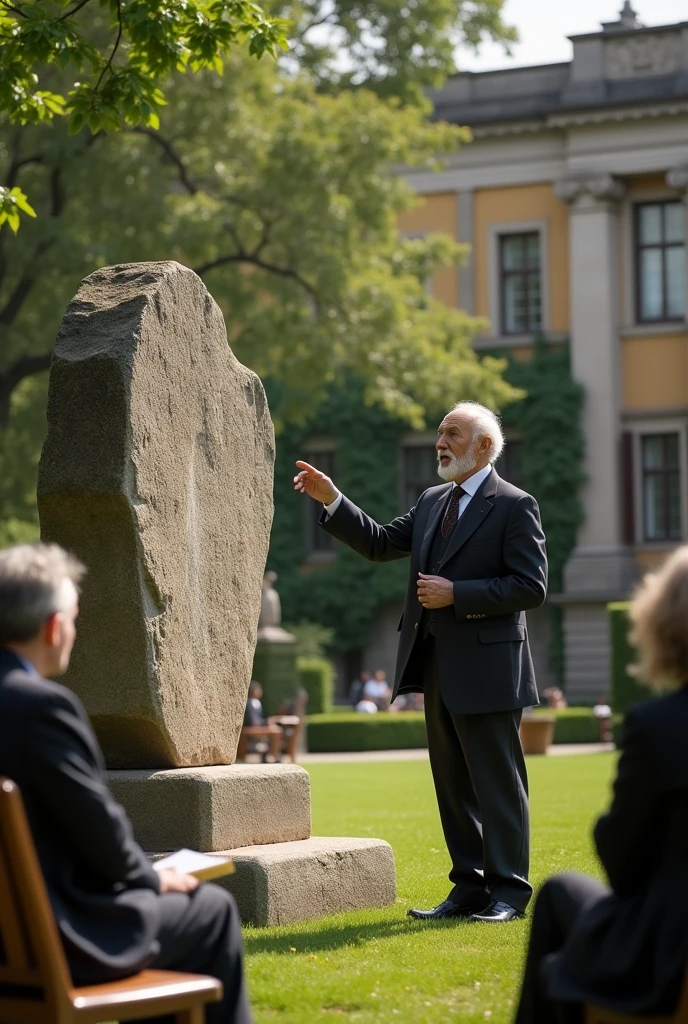 Create a hyper-realistic, cinematic scene depicting Mircea Eliade giving a lecture on the concepts of the sacred and the profane in a university garden. The setting should be an elegant, open-air garden with well-maintained greenery, classic university architecture in the background, and students or academics seated on benches or the grass, attentively listening. Eliade should be standing beside a large, ancient-looking stone, which he is pointing to as he explains his ideas. He should be dressed in a scholarly attire, such as a suit and tie, with a thoughtful and engaging expression. The scene should include elements of a typical academic environment, such as books, notepads, and perhaps a blackboard or easel with diagrams. The lighting should be soft and natural, enhancing the serene and intellectual atmosphere of the garden. The scene should capture the depth of Eliade's lecture and the contemplative nature of the discussion on the sacred and the profane