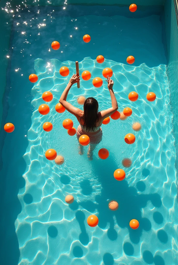 I need an image of a pool containing small inflatable balls that are being distributed by a person with a stick in the center of the pool.. The image must be viewed from a top-down perspective.. But let the whole pool be seen. that the image is larger so that everything can be seen and that the balls are of the same color, in this case orange 


