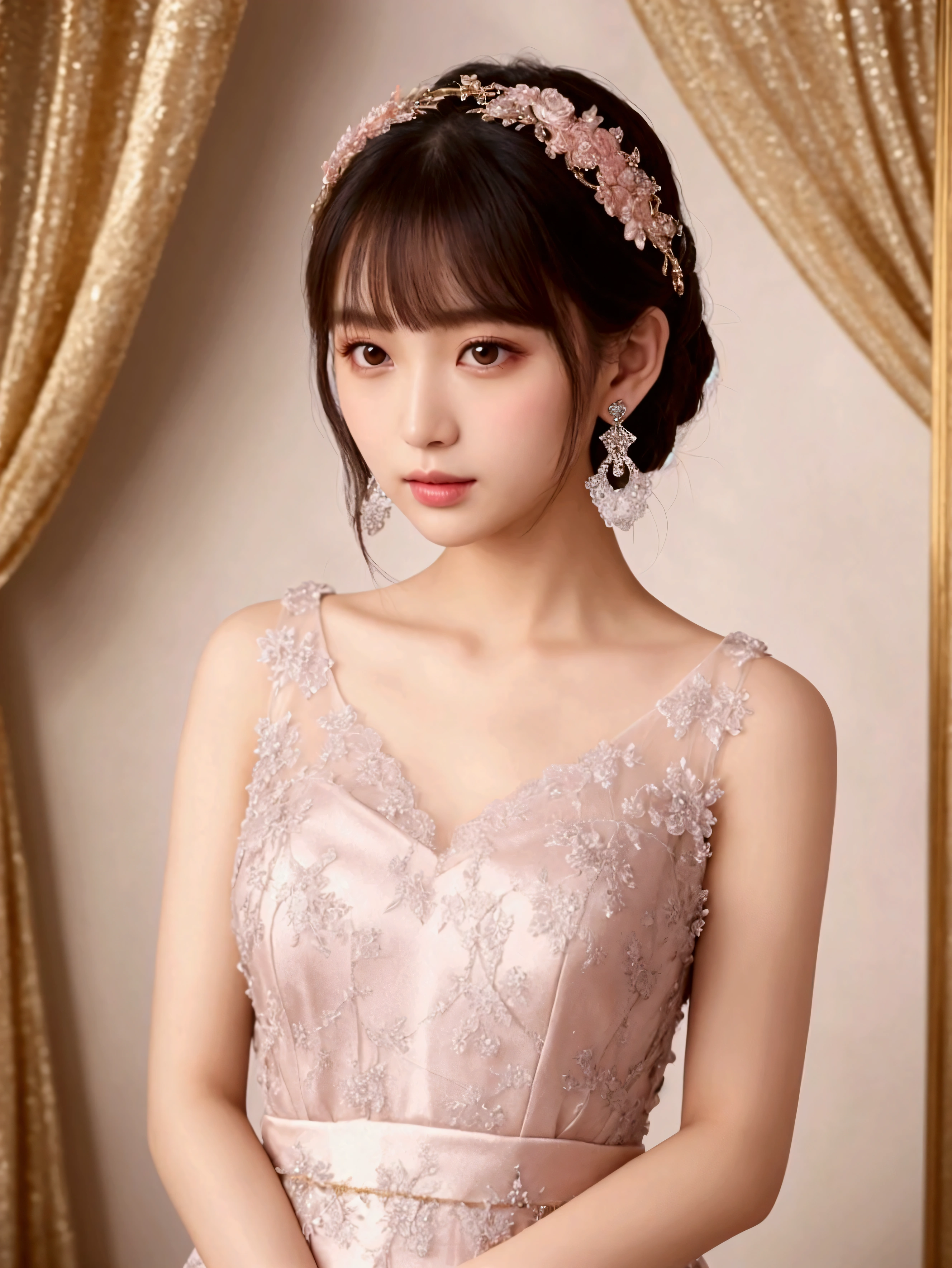 A young woman stands in front of a decorative background、Wearing a silver lace dress。The dress is transparent、Decorated with delicate lace、Open shoulder and neck design。Her hair is in a short bob、It is nicely arranged。Wear simple earrings、The makeup is natural yet feminine.。
The background is decorated with luxurious gold and pink ornaments.、It contrasts beautifully with the silver of the dress.。There is lace and floral detailing all around.、The overall look exudes a romantic and elegant atmosphere.。Her expression is full of confidence.、Staring straight at the camera。
The woman's pose is natural and relaxed.、It gives a sense of stability to the overall composition.。The details of the dress and the background are in harmony.、It enhances her presence even more.。