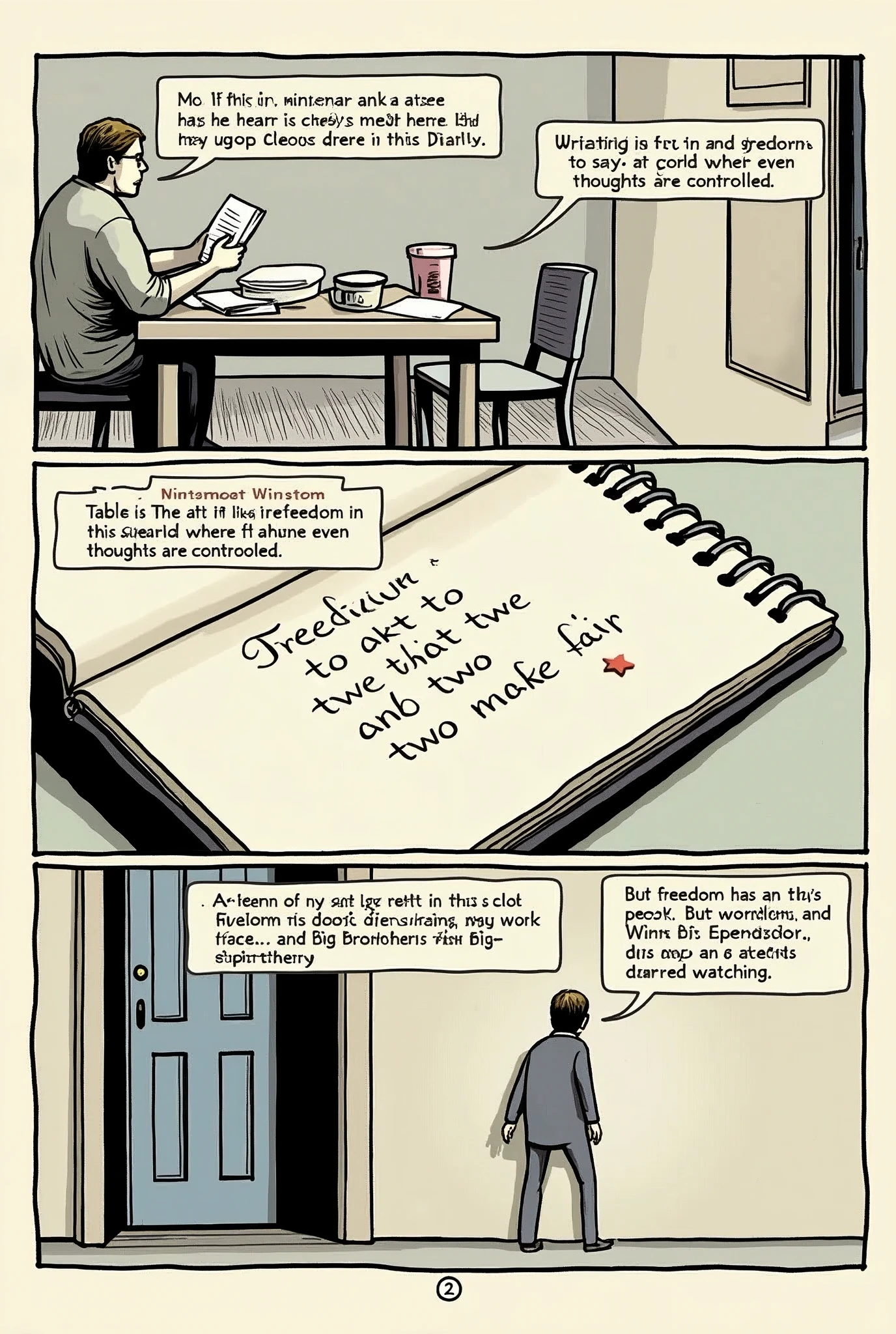 Page 2: The Forbidden Diary
Table 1:
Winston is in his small apartment, sitting at the table. He holds a secret diary.
Winston (thinking): "This is the only place I'm truly free... here, in this diary."
Table 2:
Close-up of Winston's hand writing in his diary. The words "Freedom is the freedom to say that two and two make four." are highlighted.
Caption: "Writing is an act of rebellion in this world where even thoughts are controlled."
Table 3:
The door to Winston's apartment is shown, with a shadow cast, indicating that someone is outside.
Caption: "But freedom has a price... and Big Brother is always watching."