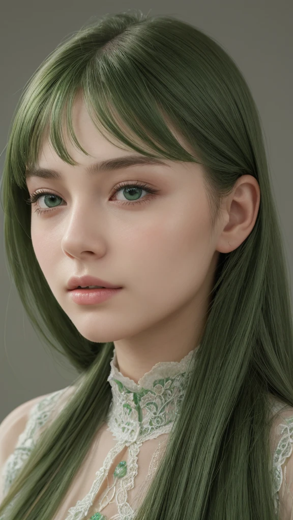 a girl, european, extremely detailed face, oval face, delicate facial features, charming and extremely detailed half-closed eyes, green eyes, long straight and very thick hairstyle, green hair, unhappy, soft and gentle expression
