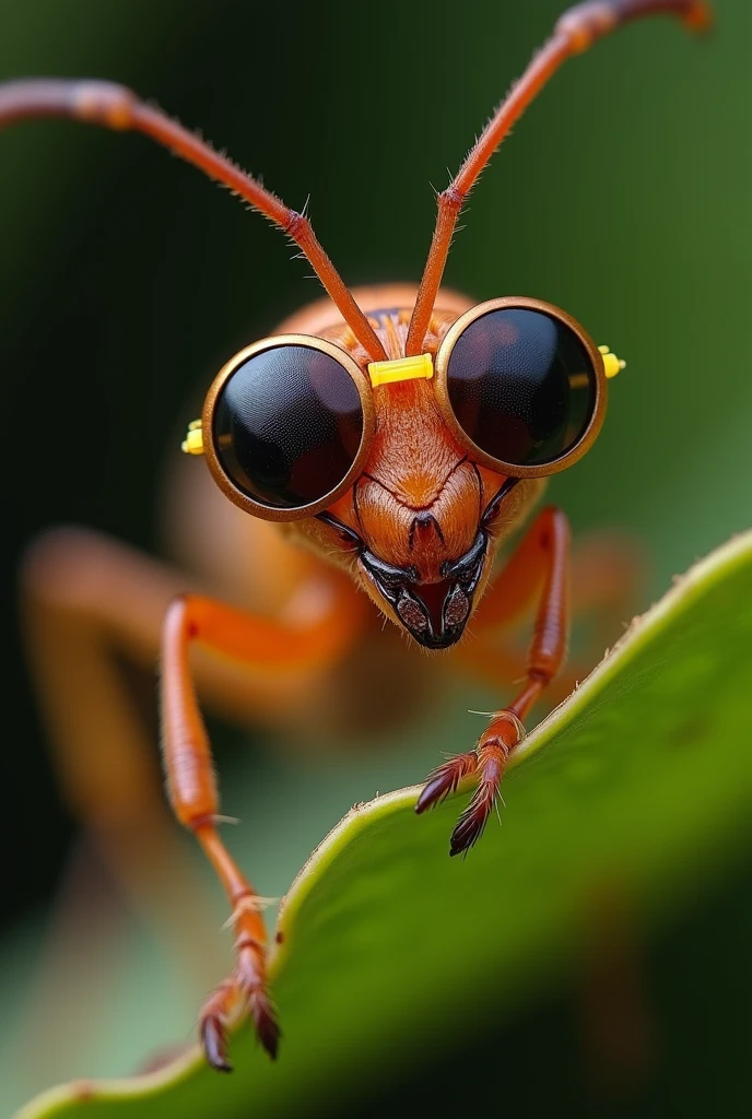 An ant, wearing prescription glasses, Having a glass of wine, zoom ultra, all the details of the paws, the whole body of the ant, trying to escape from a spider web, focus on head and antennas, she holds a leaf, work of art, Leonardo da Vinci, high shade content, nitidez nos detalhes de the whole body of the ant