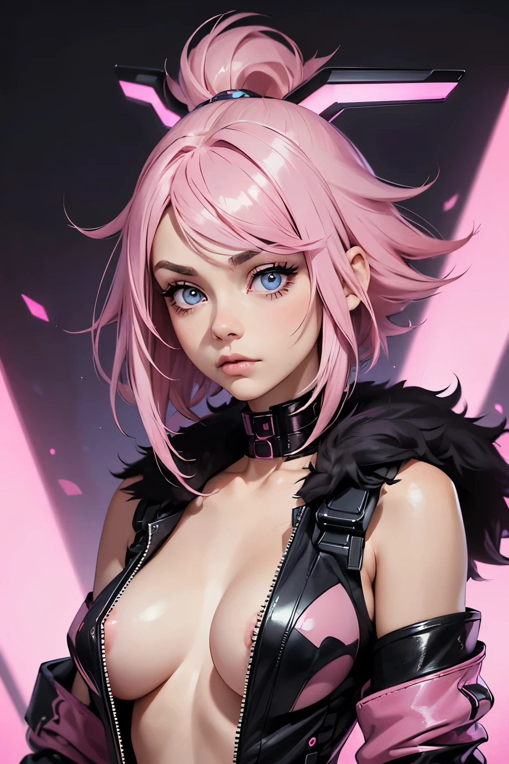 (1 girl), (pink hair, shorth hair:1.3), beautiful hairstyle, realisticeyes, beautiful detailed eyes, blue colored eyes, bushy eyebrows, (realisic skin), beautiful fur, no clothing, slim body, pink nipples, black fur coat, ripped pink shirt, black collar, pink pubic hair, robotic arm, cyber punk background