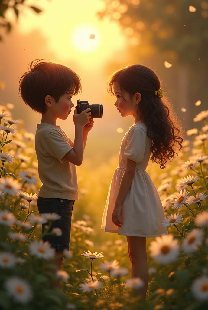 A boy taking a photo of another girl with a camera in a sunset and a garden with daisy flowers